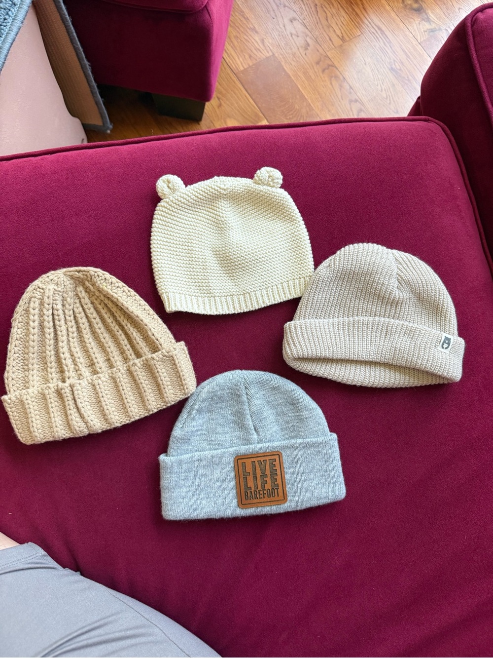Lot of 4 baby beanies. Carter's, Baby Gap etc  Sizes 3/6 months up to 12/24 mo.